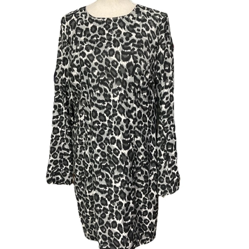 Michael Kors Black White Leopard Print Midi Dress Lined Long Sleeve Zipper Sz 12